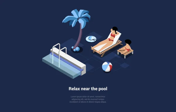 Koncept letních prázdnin. Postavy relaxující, ležící na slunci v bazénu. Čas na dovolenou. Matka a syn tráví čas spolu v Luxury Five Star Hotel. Izometrická 3D vektorová ilustrace — Stockový vektor