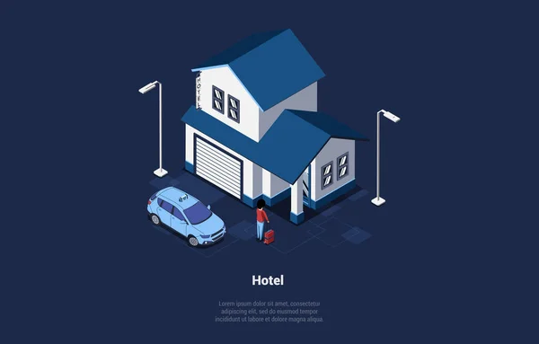 Concept Of Summer Vacations And Business Trips. Character With Luggage Ready To Check In The Hotel. Businessman Got Out of The Taxi At The Hotel. Small Family Hotel. Isometric 3d Vector Illustration — Stock Vector