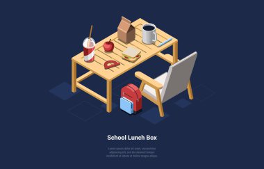 Okula ve Beslenme Kutusuna Dönüş Konsepti. Sınıftaki masada nefis bir atıştırmalık. Sandviç, kahve, elma. Çocuklar için meyveler ve sebzeler, öğle yemeği içecekleri ve yiyecekler. Isometric 3d Vektör İllüstrasyonu