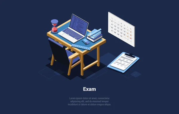 Concept Of Back to School And Exam Pass. Empty Modern Fashion Interior Of Classroom Or Cabinet With Wall Calendar, Hourglass, Laptop On The Desk And School Supplies. Isometric 3d Vector Illustration — стоковый вектор