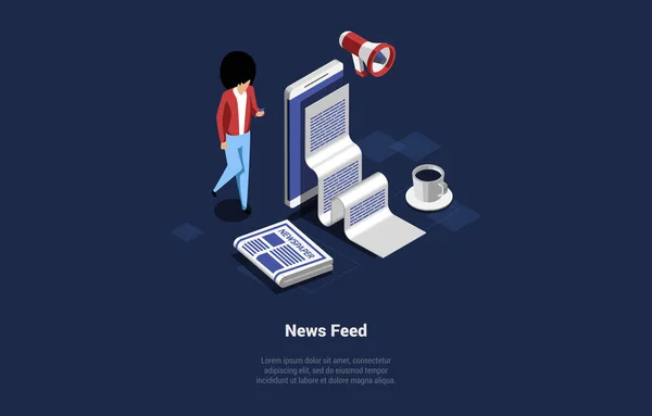 Concept Of Breaking News Feed, Mass media, Television. News Feed On Smartphone Screen. Modern Source of Information. Character Near Big Smartphone With Loudspeaker. Isometric 3D Vector Illustration — 스톡 벡터