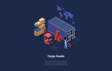 Depo ve Kargo Ürünleri kavramı. İşçi, Palet Jack kullanarak karton kutuları konteynıra yüklüyor. Global Business. El asansörleri ve forkliftle mal istiflemek. Isometric 3D Vektör İllüstrasyonu