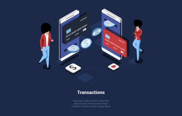 Concept Of Online And Crypto Blockchain Payment With Smartphone. Credit Card Payment. Male And Female Characters Making Funds Transaction Online Using Smartphones. Isometric 3d Vector Illustration — Stockvektor