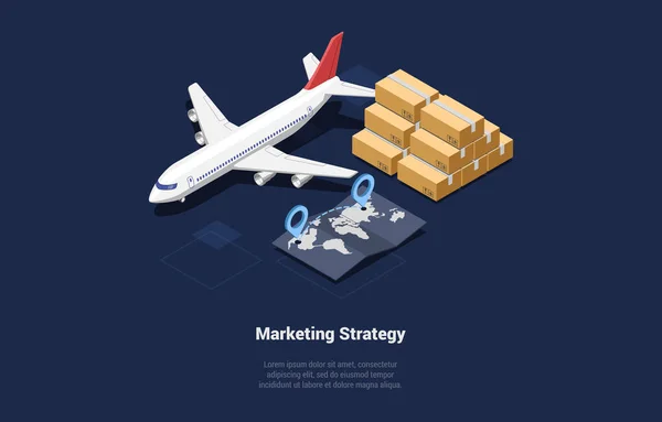 Concept Of Marketing Strategy, Business Coach Analysis, Content Strategy And Global Business. Plane With World Map And Cargo. Ways Of Big Global Business Development. Isometric 3d Vector Illustration — Vettoriale Stock