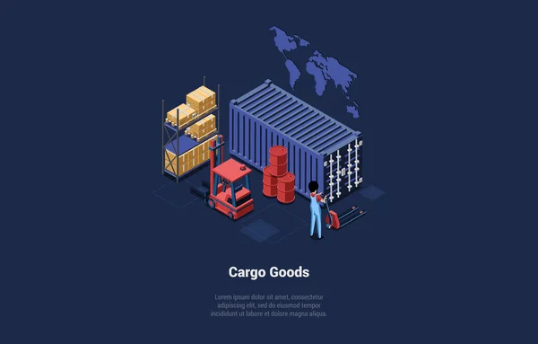 Concept Of Warehouse And Cargo Goods. Worker Loading Cardboard Boxes Into Container Using Pallet Jack. Global Business. Stacking Goods with Hand Lifters and Forklift. Isometric 3D Vector Illustration — Stock Vector