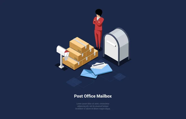 Post Office And Parcel Sending Concept, Courier Delivery. Postman Near Opened Mailbox With Cardboard Boxes, Attributes of Postal Service And Envelope With Letters. Isometric 3d Vector Illustration — Vetor de Stock
