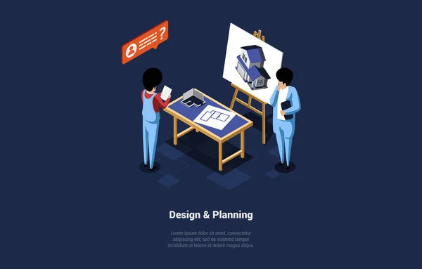 Concept Of Interior Design And Planning. Interior Designer Prepares New House Design On Blueprint And Discussing Details With Customer. Hardworking Man Draw New Plan. Isometric 3d Vector Illustration — стоковый вектор