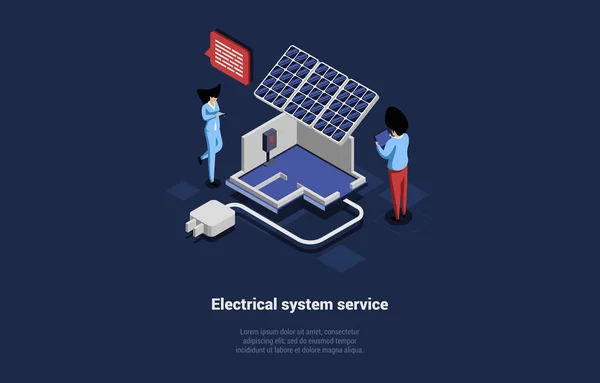 Concept Of Electrical System Service And Ecological Type of Energy Extraction And Environmental Protection. Two Technicians Controlling Solar Panel Plant Working. Isometric 3d Vector Illustration — Stockvektor