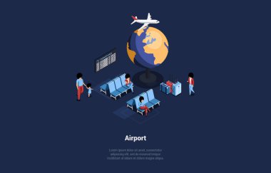 Modern Uluslararası Havalimanı Salonu kavramı. Bagajı olan yolcular kalkış saatlerini terminaldeki bilgi paneline bakarak bekliyorlar. Isometric 3D Çizgi Film Vektörü Resimleri