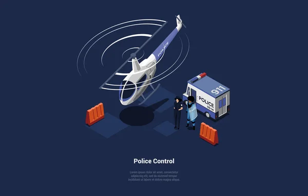 Konsep Keamanan dan Departemen Kepolisian Bekerja. Helikopter, Mobil Polisi dan Polisi Dalam Gear pada Penjaga ketertiban. Polisi sudah siap untuk melindungi dan melayani. Ilustrasi Kartun 3D Isometrik - Stok Vektor