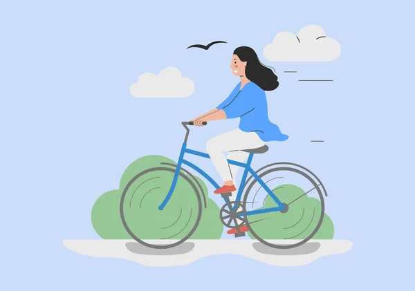 Concepto de Actividad Física, Estilo de Vida Saludable y Jugar Deporte. Mujer feliz en el parque montando bicicleta. Adorable joven Hipster mujer en ropa de moda en bicicleta. Dibujos animados plana Vector Ilustración — Vector de stock