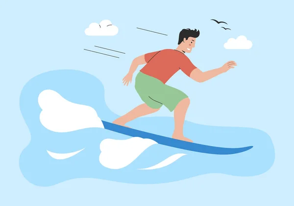 Koncepce fyzické aktivity, zdravý životní styl a hraní sportu. Happy Guy se koupe na surfu na vlnách. Profesionální surfař na surfu nebo Paddleboard. Cartoon Flat Vector Illustration — Stockový vektor
