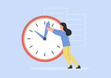 İş planlama kavramı, teslim tarihlerine uyma, zaman yönetimi, tükenme. Stresli iş kadını büyük saatin yanında duruyor ve zamanı durdurmaya çalışıyor. Çizgi film Düz Stili. Vektör İllüstrasyonu.