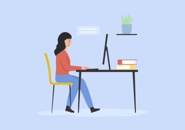 Kariyer geliştirme, ofis işi ve İçişleri Bakanlığı kavramı. Karakter, bir odada ya da bir işte çalışmak, bilgisayar ekranına bakmak ve iş arkadaşlarıyla sohbet etmek. Çizgi film Düz Vektör İllüstrasyonu.