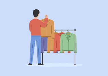 Moda ve Alışveriş kavramı. Adam mağazadan kıyafet seçiyor. - Ne? Mutlu Erkek Karakteri Moda Butiği 'nde Takım Elbise ya da Smokin Seçiyor. Dükkandaki şık, güzel kız. Çizgi film Vektör illüstrasyonu.