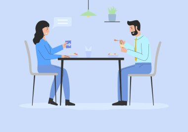 İlişki kavramı, zaman ve tarih geçirmek. İnsanlar Cafe Table 'da oturuyor. Mutlu adam ve aşık kadın birlikte moda restoranında lezzetli yemekler yiyerek vakit geçiriyorlar. Çizgi film Düz Vektör İllüstrasyonu.
