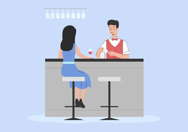 Concepto Servicio Restaurante Bar Barman Lugar Trabajo Mujer Sentada Bar — Vector de stock