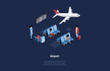 Concept Of Modern International Airport Terminal. Passengers With Luggage in Departures Waiting Room Wait Their Departure Looking On Led Information Panel. Isometric 3D Cartoon Vector Illustration.