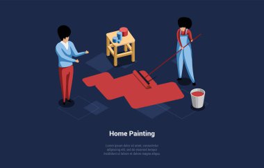 Ev Yenileme Konsepti. Profesyonel İnşaat. Evde Yenileme Yapan Karakter. Ellerinde patenci olan bir zanaatkar. Roller 'la Boyama Zemini. Isometric 3d Vektör İllüstrasyonu.