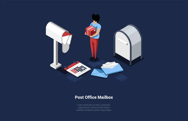 Postarbeit Und Kurierzustellung Kunde Bekommt Und Sendet Paket Briefkasten Mit — Stockvektor