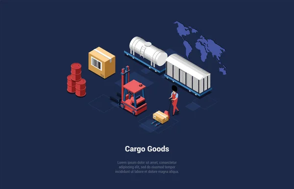 Concept Warehouse Cargo Goods Worker Loading Cardboard Boxes Using Pallet — Stockvector
