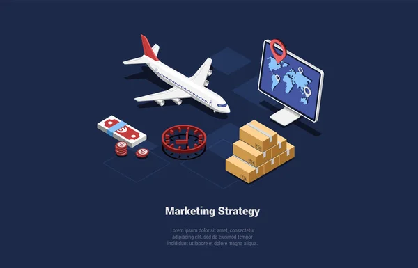 Concept Content Marketing Strategy Global Business World Map Computer Monitor — Image vectorielle