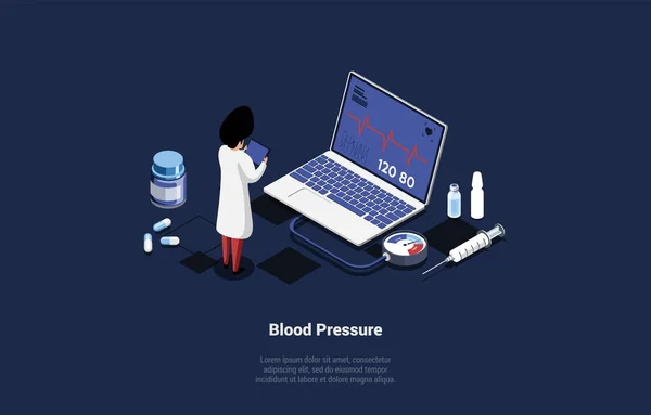 Blood Pressure Concept Doctor Cardiologist Hold Tablet Big Laptop Pulse — 스톡 벡터