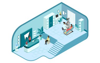 Doğum, Doğum Evi, Hamile Muayenesi Konsepti. Kadın resepsiyonist ile Modern Hastane Resepsiyonu, Doktor Muayene Hasta Ultrasonu ile Gabinet. Isometric 3d Vektör İllüstrasyonu.