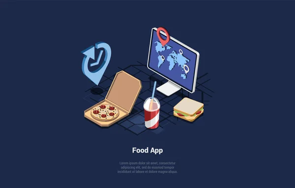 Online Food Order App Delivery Concept Different Tasty Fresh Food — Image vectorielle