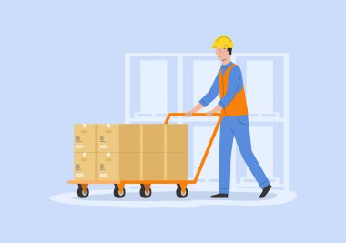 Concept Of Warehouse. Storehouse Cheerful Worker In Uniform Pushing Cart With Parcels. Modern Warehouse With Cardboard Boxes On Rack And Staff. Cartoon Linear Outline Flat Style. Vector Illustration.