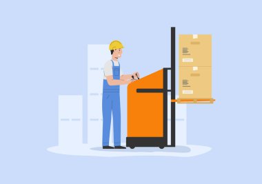 Concept Of Warehouse. Storehouse Cheerful Worker In Uniform Loading Cardboard Boxes With Electric Pallet Truck Stacker. Delivery Service With Curier. Cartoon Linear Outline Flat Vector Illustration.