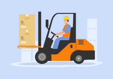 Warehouse And Cargo Goods Concept. Worker In Uniform Loading Cardboard Boxes Use Forklift. Global Business. Process Automation in Warehouse and Production. Linear Outline Cartoon Vector Illustration.