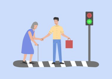 City Dweller Male Character Cross Road with Elderly Lady. Man Help Senior Woman with Walking Stick To Cross Street. Urban City Road Crosswalk With Traffic Light. Cartoon Outline Vector Illustration.