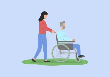 Concept Of Elderly People Help. Young Girl Helping Disabled Senior Man In Wheelchair. Nurse Or Volunteer Female Character Help Take Care Of Grandfather. Cartoon Linear Outline Vector Illustration.