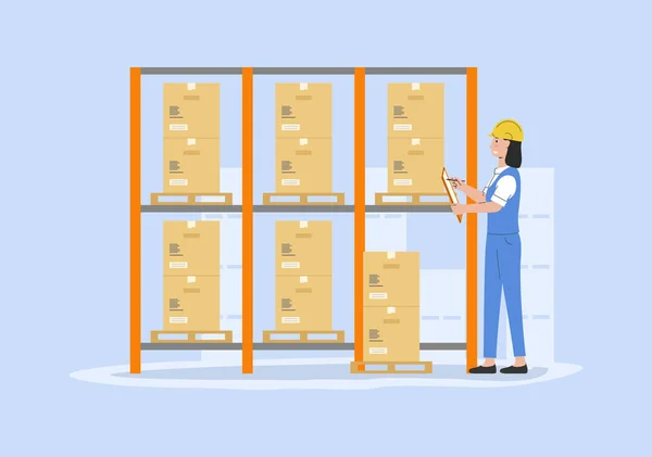 Concept Of Warehouse. Storehouse Cheerful Worker In Uniform Count Parcels And Making Notes. Warehouse With Cardboard Boxes On Rack And Staff. Cartoon Linear Outline Flat Style. Vector Illustration.