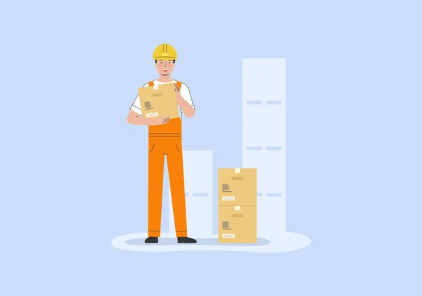 Concept Warehouse Storehouse Cheerful Worker Uniform Holding Cardboard Box Hands — Stok Vektör