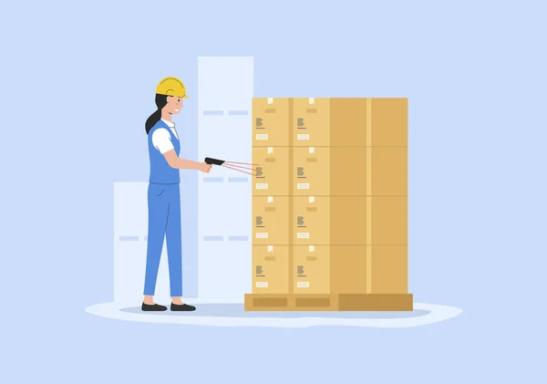 Concept Warehouse Courier Delivery Storehouse Worker Uniform Scanning Parcels Barcode — Vector de stock