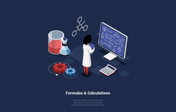 Chemical Research Formulas Calculations Concept Character Laboratory Assistant Operates Formulas — Stok Vektör