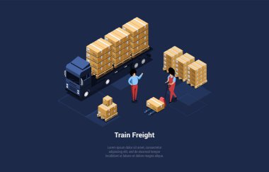 Concept Of Warehouse, Train Freight, Global Business. Storehouse Worker Loading Truck By Cardboard Boxes Using Pallet Jack. Manager Or Boss Controls Process. Isometric Cartoon 3D Vector Illustration.