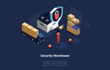 Concept Of Security Warehouse And Global Business. Security And Fire-Prevention Systems Controls Provide Safety, Reliable Service And Relationships With Customers. Isometric 3D Vector Illustration.