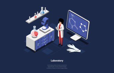 Concept Of Science And Laboratory Work. Scientist Woman In Uniform Researching DNA Using Microscope, Molecular Biotechnology And Making Experiments In Lab. Isometric Cartoon 3d Vector Illustration.