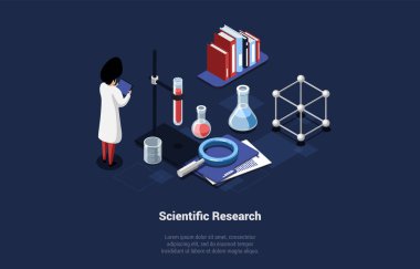 Concept Of Scientific Research. Scientist Woman Laboratory Technician Research DNA, Molecular Biotechnology Using Laboratory Equipment And Making Experiments. Isometric Cartoon 3d Vector Illustration.
