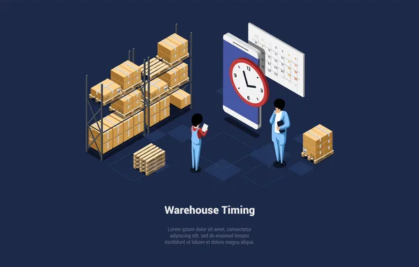 Concept Warehouse Timing Global Business Storehouse Worker Courier Keeping Records — Archivo Imágenes Vectoriales