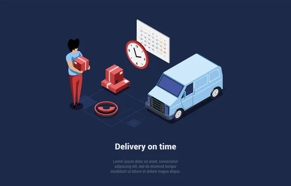 Concept Time Delivery Goods Gifts Storehouse Worker Courier Cardboard Box — Vector de stock