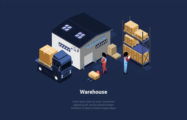 Concept Warehouse Logistics Management Loading Truck Process Worker Unloadning Cardboard — Vector de stock