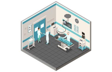 Concept Of Plastic Surgery, Healthcare And Medicine. Operation Room With Surgeon, Nurse And Anesteziologist. Process Of Emergency Patient Operation In Clinic. Isometric 3d Cartoon Vector Illustration.