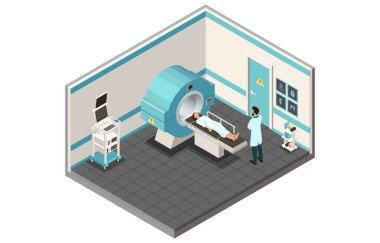 Concept Of Healthcare And Medicine. Magnetic Resonance Imaging Machine, Doctor Radiologist Inspecting Patient In Clinic. MRI Cabinet With Professional Stuff. Isometric 3d Cartoon Vector Illustration.