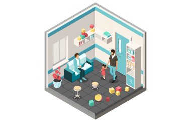 Children Vaccination, Healthcare And Medicine Concept. Pediatrician Ready To Inspects Baby Girl In Hospital. Father Brought Girl for Checkup at Doctor s Appointment. Isometric 3d Vector Illustration.
