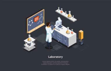 Concept Of Science Research. Scientist Man In Uniform Research DNA, Molecular Biotechnology And Making Experiments In Laboratory Using Microscope And Flasks. Isometric Cartoon 3d Vector Illustration.
