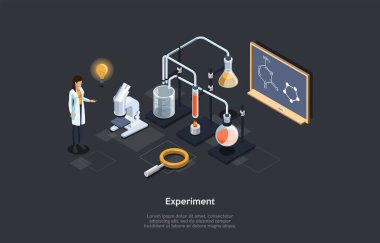 Concept Of Scientific Researches. Scientist Man In Uniform Research DNA, Does Experiments or Outputs a New Formula of Medicines Using Chemistry Equipment. Isometric Cartoon 3d Vector Illustration.